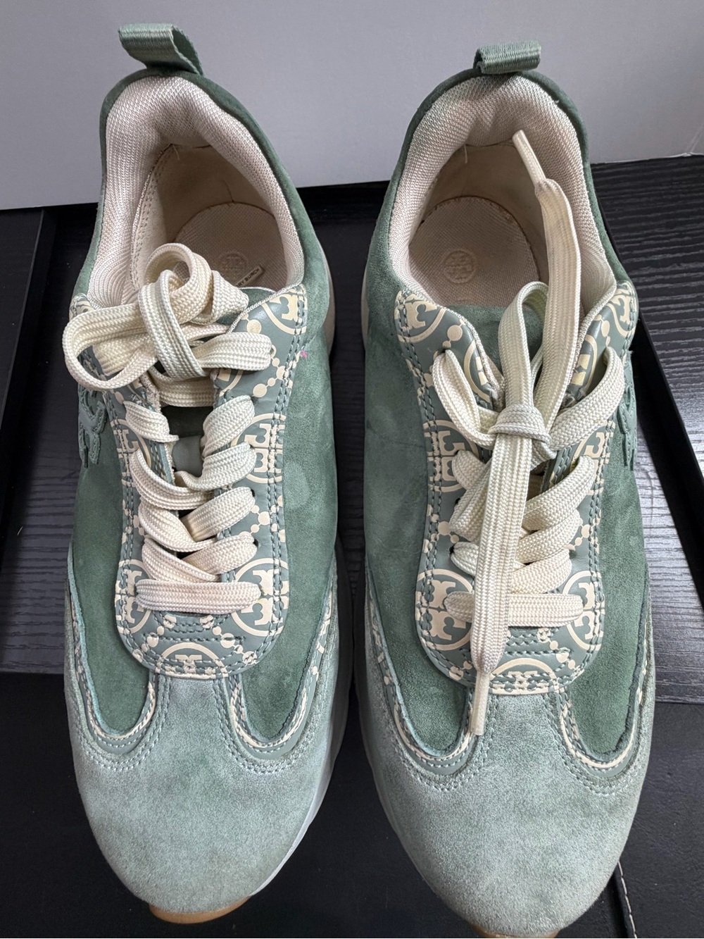 Tory Burch Sage Green Suede Sneakers with Cream Logo Panels